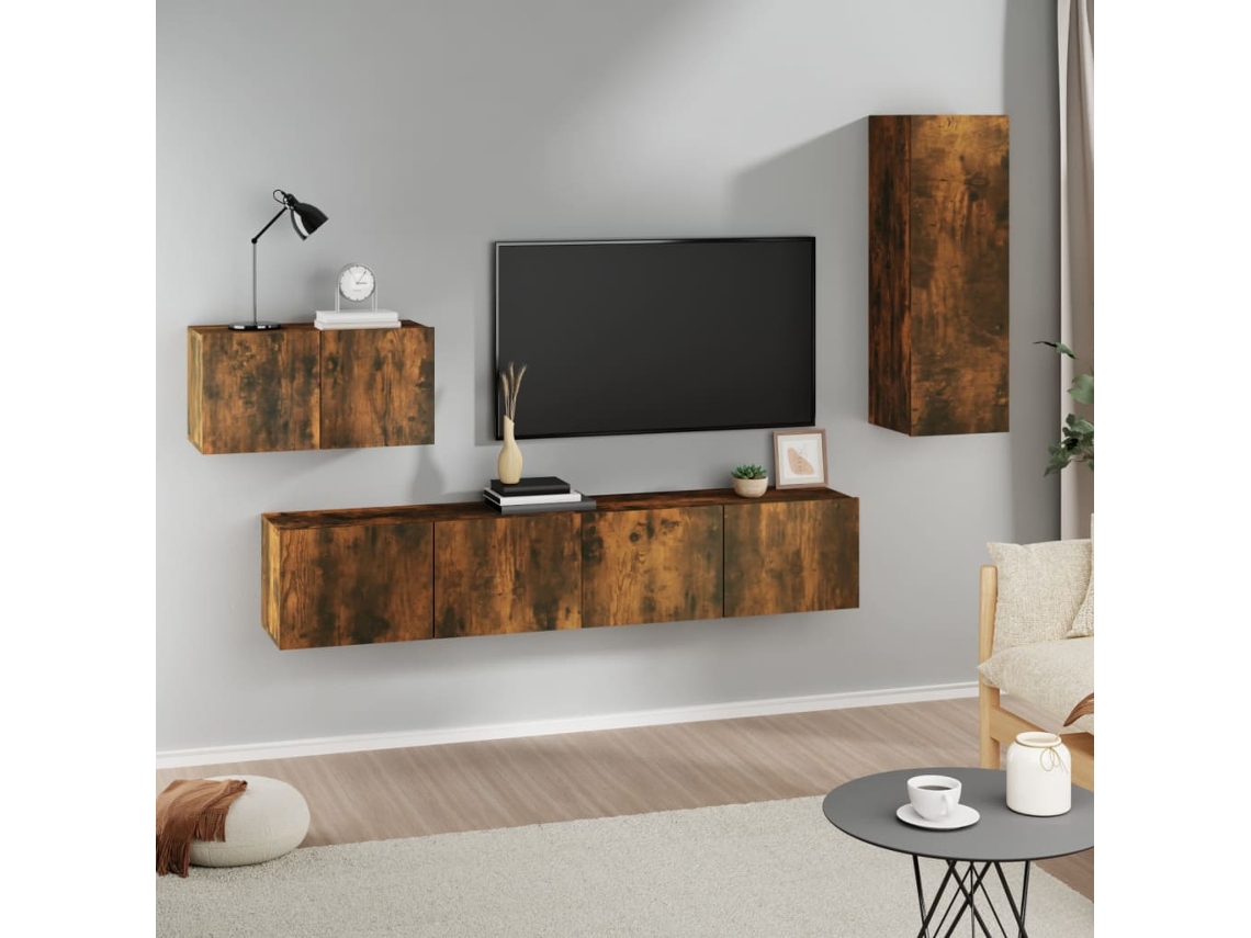 Vidaxl Conjunto Móveis De Tv 4 Pcs Madeira Processada Carvalho Fumado