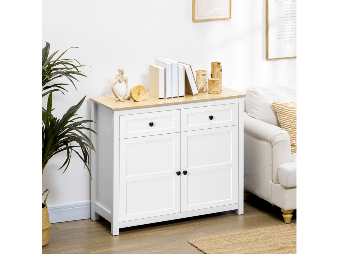 Cômoda de Armazenamento com 2 Portas e Prateleira Ajustável em Altura, 2 Gavetas 100 X 40 X 85 Cm Branca com Aspecto de Madeira