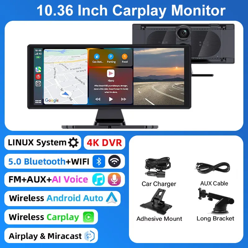 Câmera De Painel Inteligente Para Carro, Câmera De Ré 4k Sem Fio De 10,33 Polegadas Com Carplay.