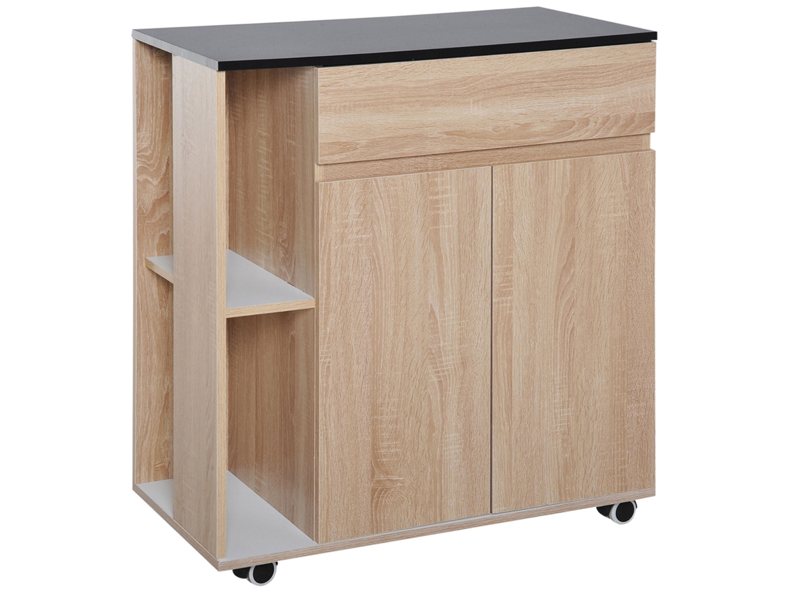 Carrinho de cozinha multiuso, ilha com gaveta, armário e 2 prateleiras ajustáveis, 78x39.5x88.5cm preto e carvalho | S/MARCA