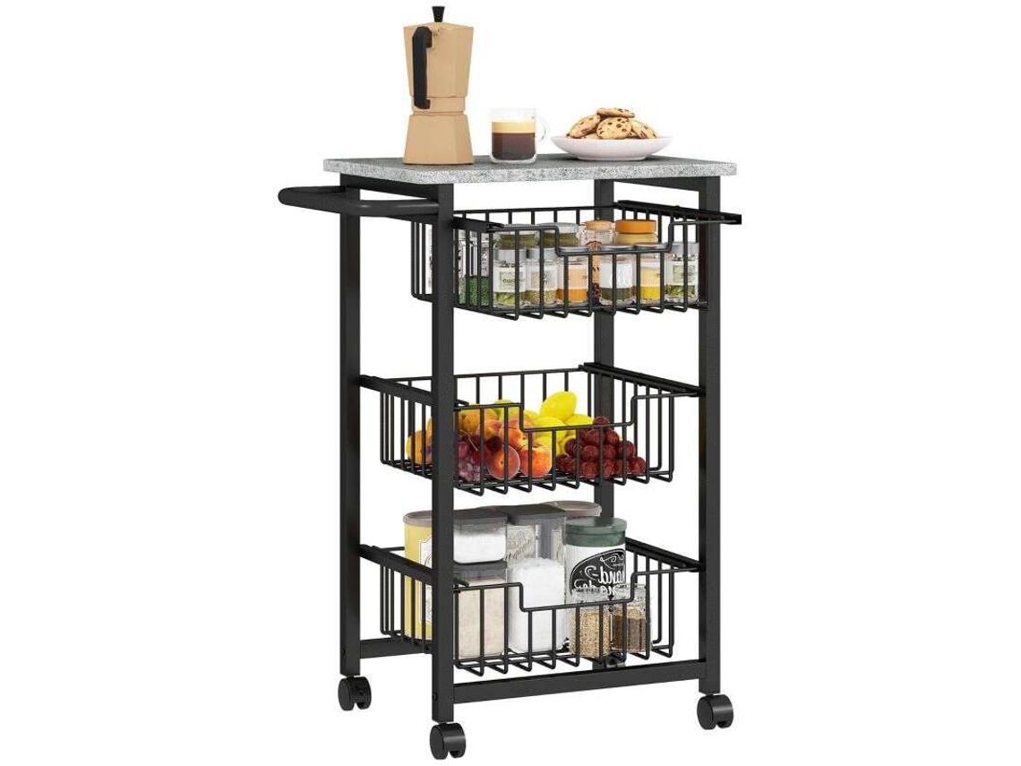 Carrinho Organizador de 4 Níveis com Rodas 3 Cestos Deslizantes e Tabuleiro (49,5x31x69 cm) Cinzento Claro/preto BAGOLY