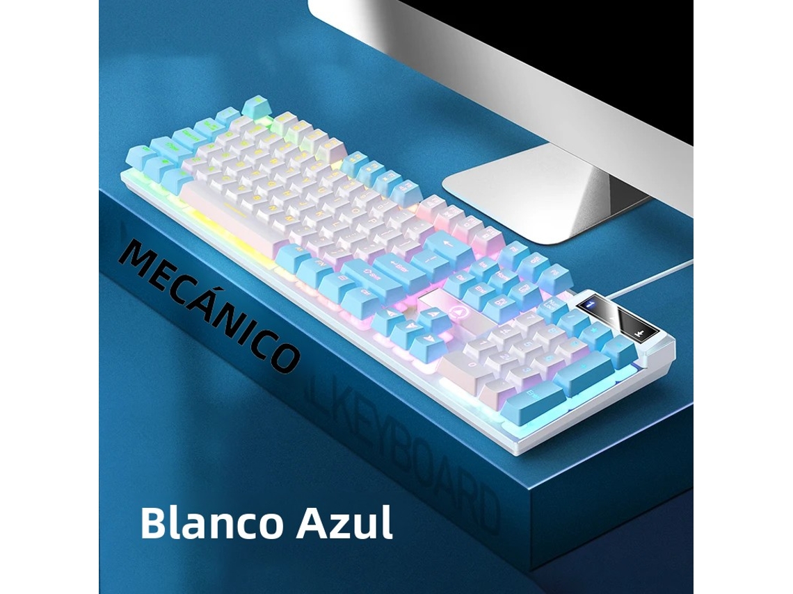 Teclado Gamer (branco E Azul), 104 Teclas, Conexão Com Fio, Mecânico, Interface Usb