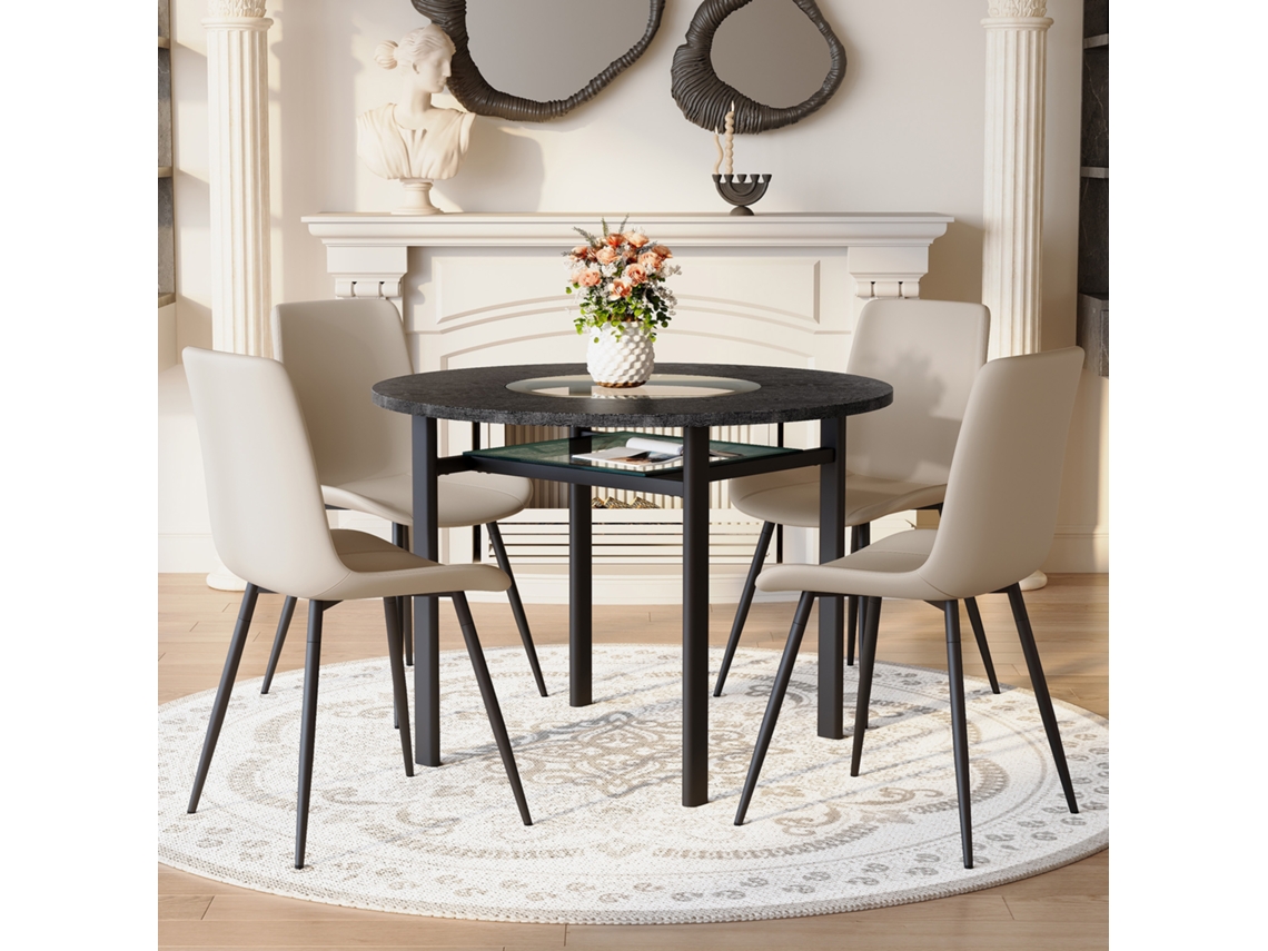 Conjunto Mesa Redonda 100cm, Madeira Preta, 4 Poltronas Cinza Quente Pu Almofada Alargada, Sala Estar Cs