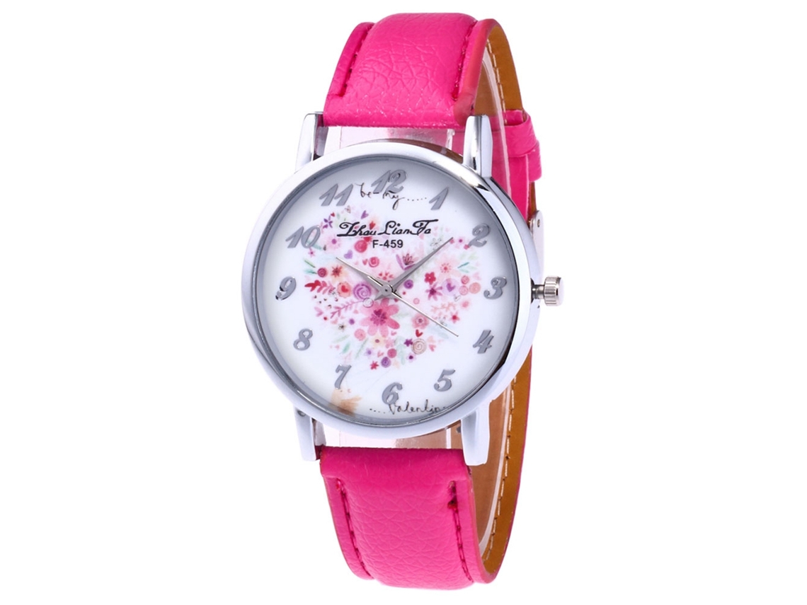 Relógio de pulso de quartzo para estudantes com pulseira de couro rosa com estampa de lichia.