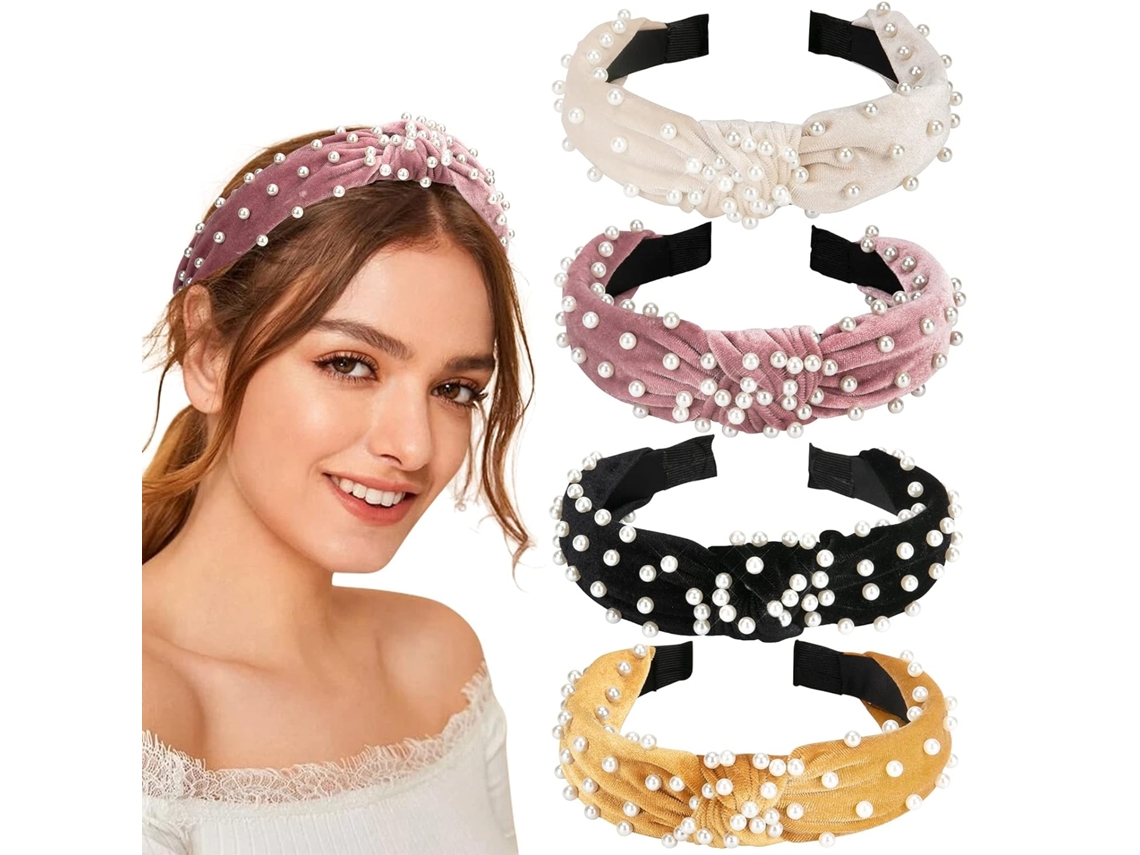 Pacote com 4 Tiaras Largas de Veludo com Nó Turbante Faixa de Cabelo Vintage com Argolas de Cabelo Elásticas de Pérola Falsa Da M JEDBESETZT
