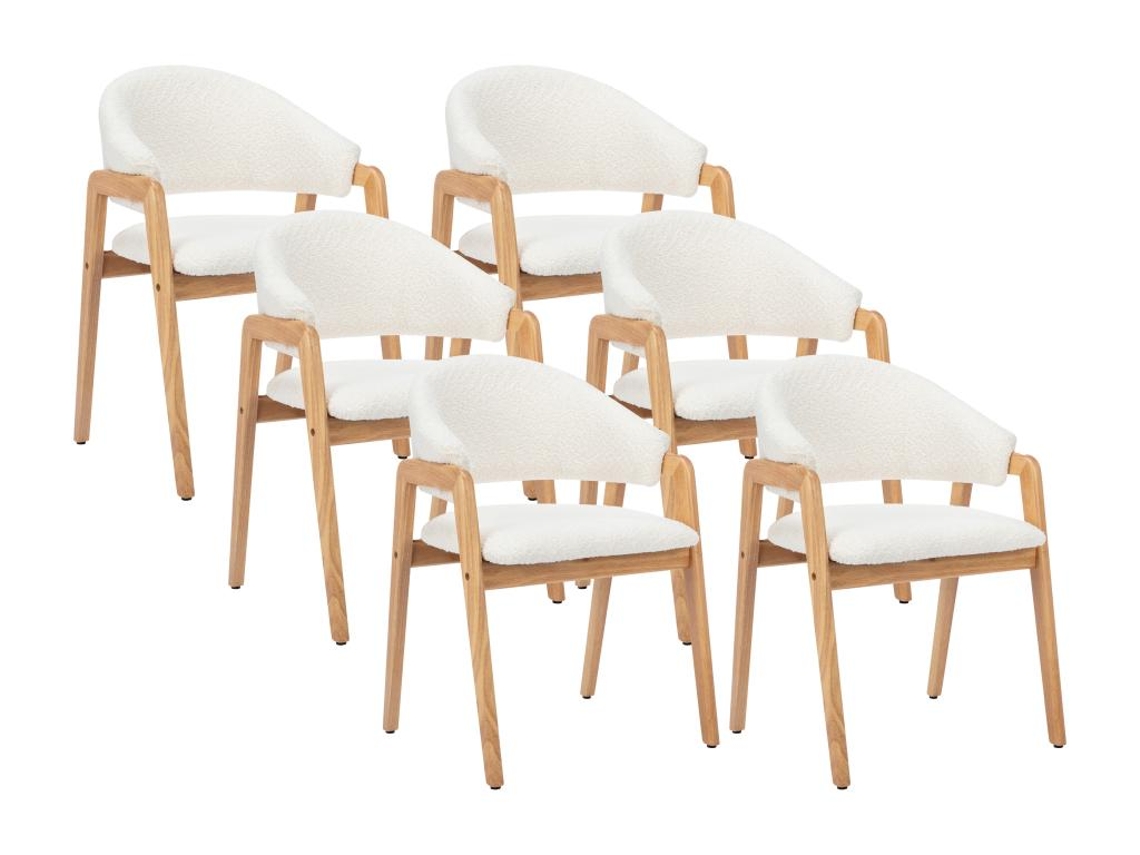 Conjunto de 6 cadeiras com braços em tecido frisado e madeira de hevea - Branco - SOLUNA VENTE-UNIQUE.PT