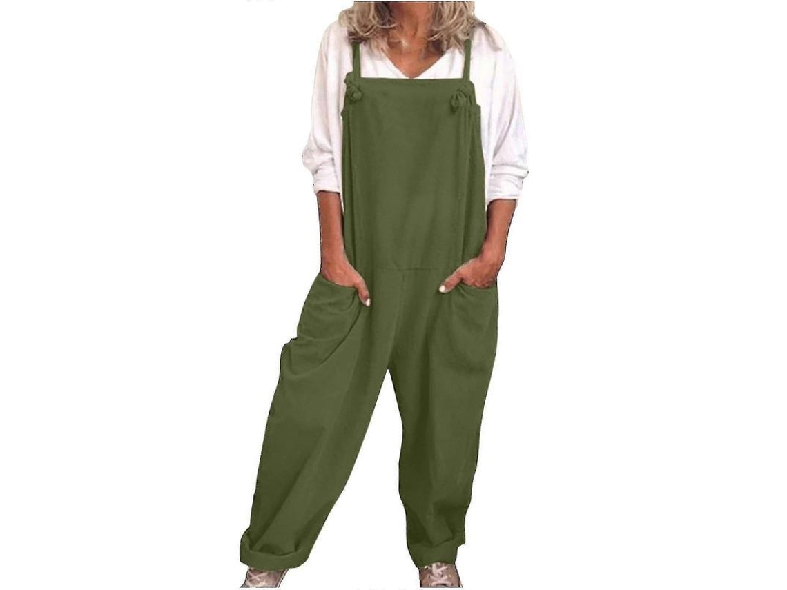 Macacão Casual Feminino Solto Em Algodão E Linho Com Bolsos Pantalones Curtos Jumpsuit Verde