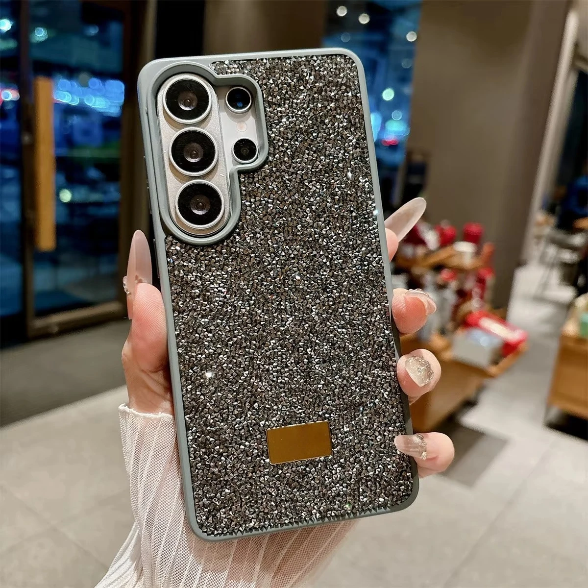 (cinza, Galaxy S24) Capa Brilhante Para Celular Samsung, Com Logo Metálico Na Parte Traseira E Proteção Completa.
