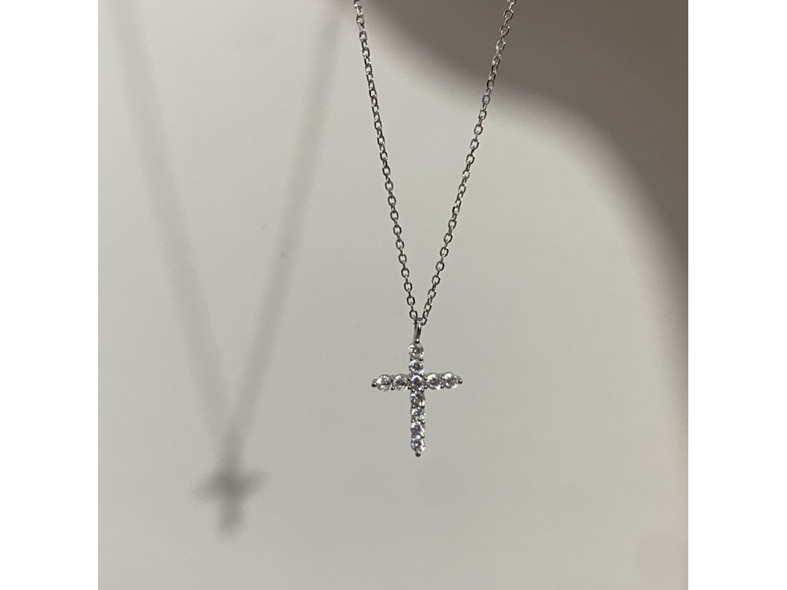 Colar com Pingente de Cruz Brilhante em Prata de Lei S925 , Estilo Minimalista e Moderno, Cravejado de Diamantes. MDUG (ouro Branco)
