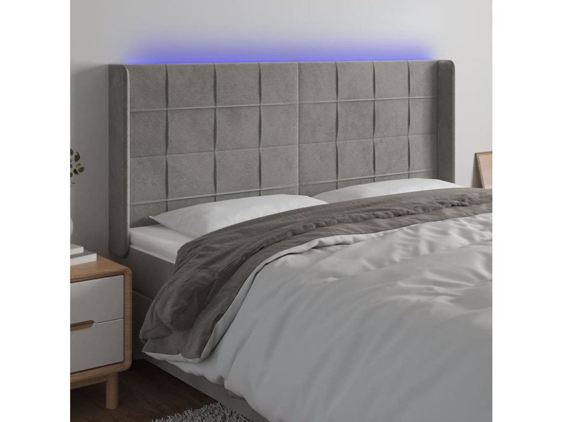 Cabeceira Cama C/ Luzes Led Veludo 203x16x118/128cm Cinza-claro