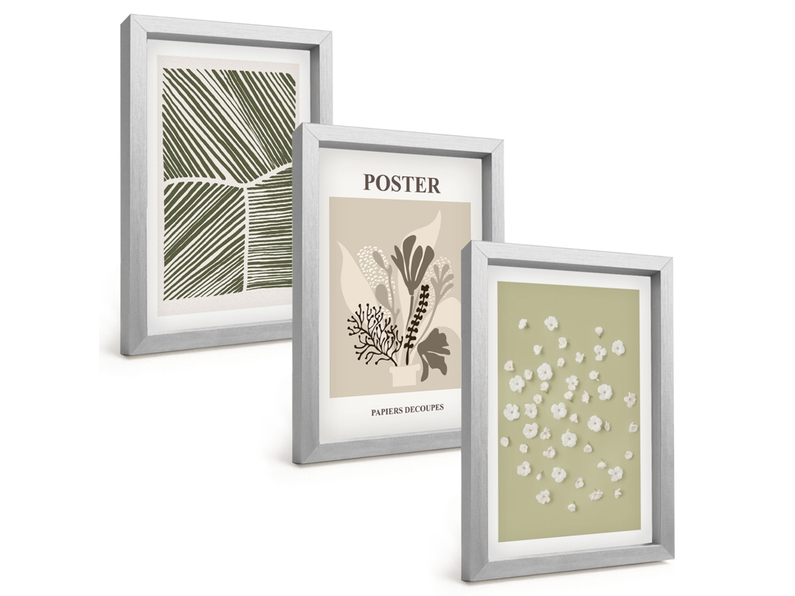 Um Conjunto De Imagens Decorativas Em Uma Molduramotivos Suaves De Plantas Moldura Prateada Pinturas De Quarto Espelharte (3 Peças 20x30 Cm)