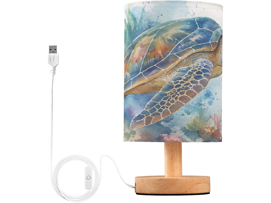 Abajur De Cabeceira Mnsruu Em Aquarela Com Tartaruga, Luminária De Cabeceira Led, Luminária De Mesa Com Cúpula Tecido