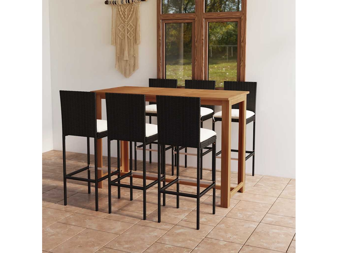 Vidaxl 7 Pcs Conjunto De Bar Para Jardim Com Almofadões Preto