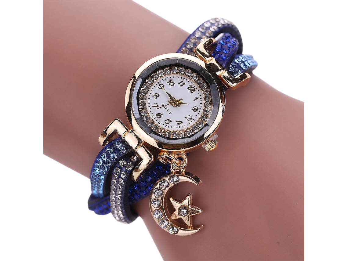 Relógio Pulseira Feminino de Quartzo com Camadas de Rhinestones e Pingente Lua Estrela Azul