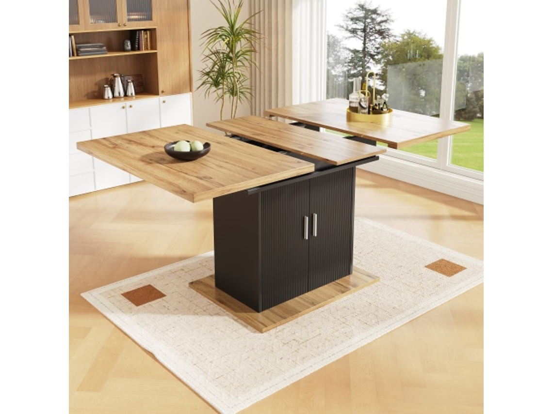 Mesa de Jantar BTFORUS Extensível, com Prateleiras, Econômica em Espaço, 3 Níveis, para Cozinha e Sala de Estar, Natural e Preto (140x70cm)