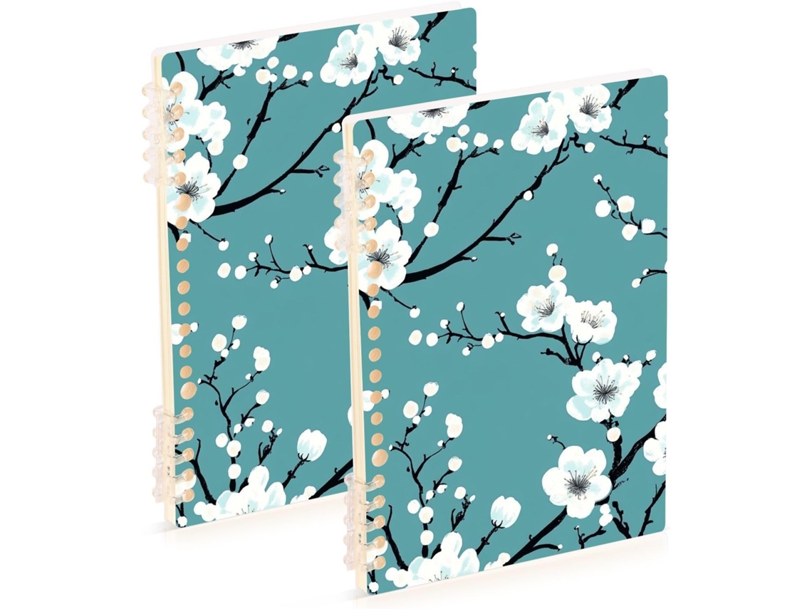 Conjunto de 2 Cadernos Grandes A5 com Espiral Estampa Floral Branca e Verde Ideais para Pla (21,1 X 14,5 Cm)
