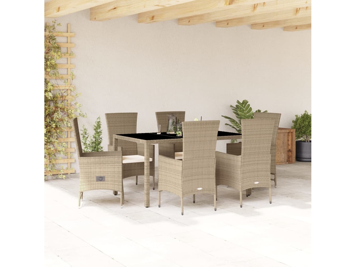Vidaxl 7 Pcs Conjunto De Jantar P/ Jardim Com Almofadões Vime Pe Bege