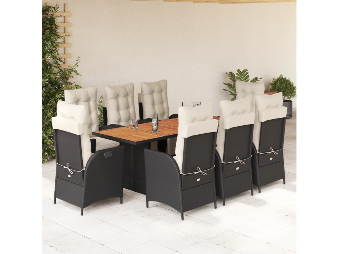 Conjunto 9 Peças Jantar P/ Jardim C/ Almofadões Vime Pe Preto Dkd Home Decor
