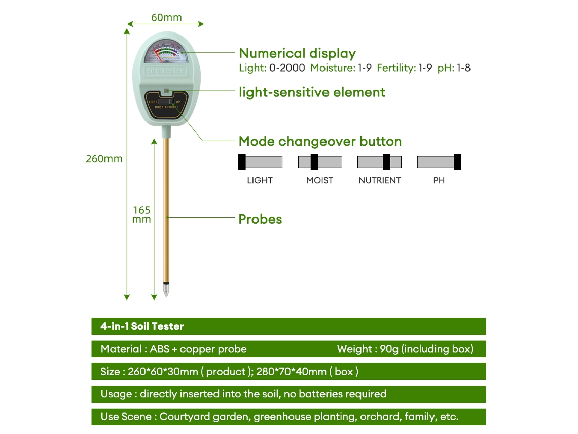 Tester De Solo 4 Em 1 Ph Umidade Luz Nutrientes Ferramenta De Jardim