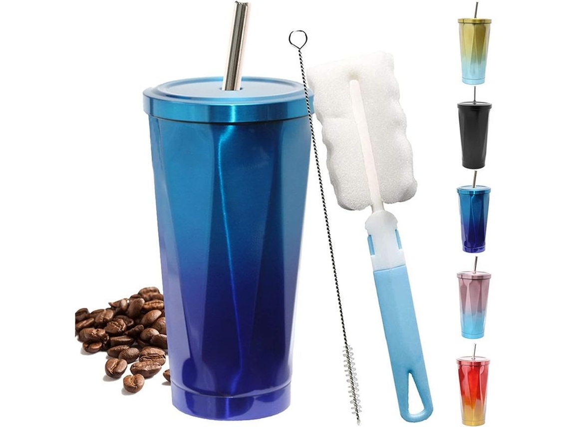 2026-taza De Café Com Pajita, Isolada Ao Vácuo, 500ml Azul, Com Escova De Limpeza E Escova Para Pajita