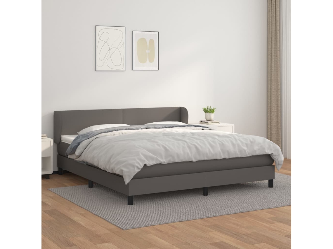 Vidaxl Cama Com Molas/colchão 160x200 Cm Couro Artificial Cinzento