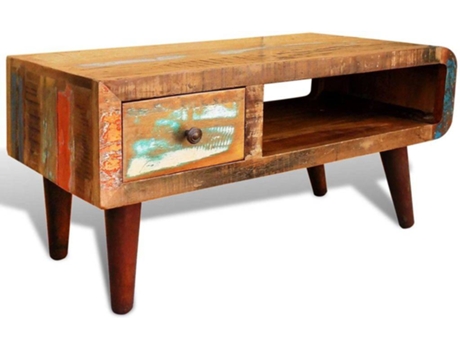 Mesa de centro com borda curva e 1 gaveta, madeira reciclada