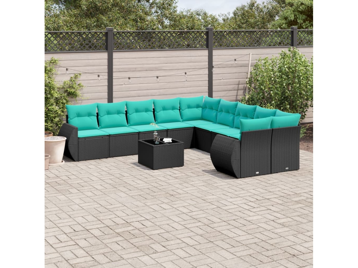 Vidaxl Conjunto De Sofá De Jardim Com 11 Peças E Almofadas Em Rattan Sintético Preto