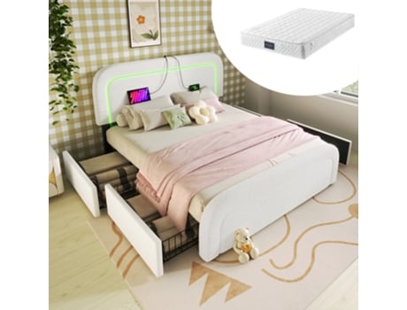 Cama Com Colchão Dupla E Cabeceira E Gavetas Estofada Usb Type-c Led Pangshiyaun Sherpa Branco (102.5x208x150cm)