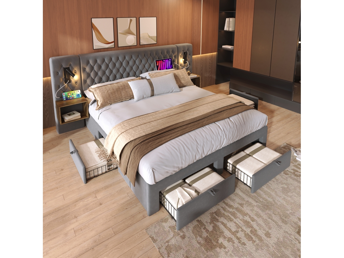 Cama De Casal 160×200 Cm Com 2 Mesas De Cabeceira Luminária Usb Cinza