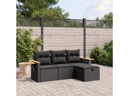 Conjunto de sofá de jardim de 4 peças com almofadas Vime Pe preto Lovely Home