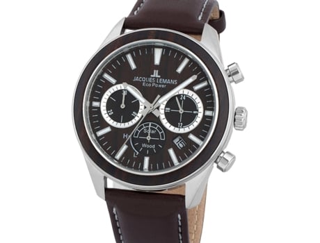 Relógio masculino marrom couro real Eco Power 1-2115C JACQUES LEMANS