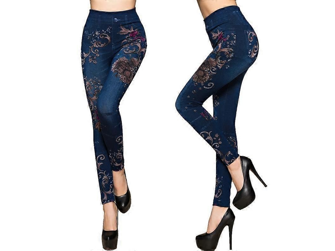Leggings falsos de jeans femininas com estampa floral, tamanho XL, azul
