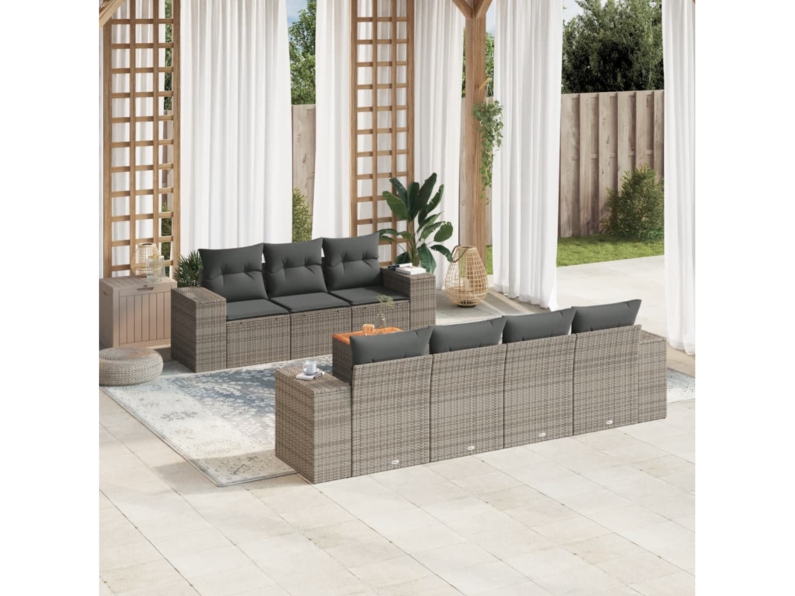 Vidaxl 8 Pcs Conjunto Sofás De Jardim C/ Almofadões Vime Pe Cinzento