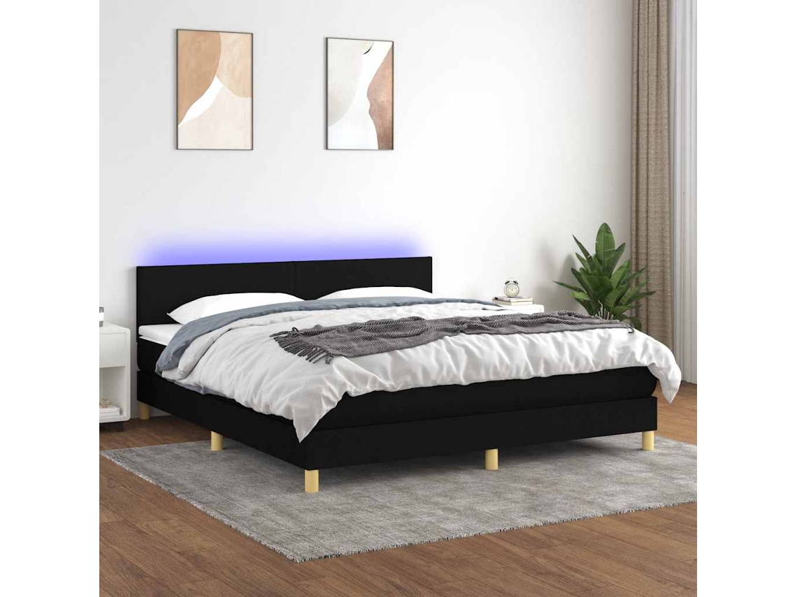 Vidaxl Cama Box Spring C/ Colchão E Led 160x200 Cm Tecido Preto