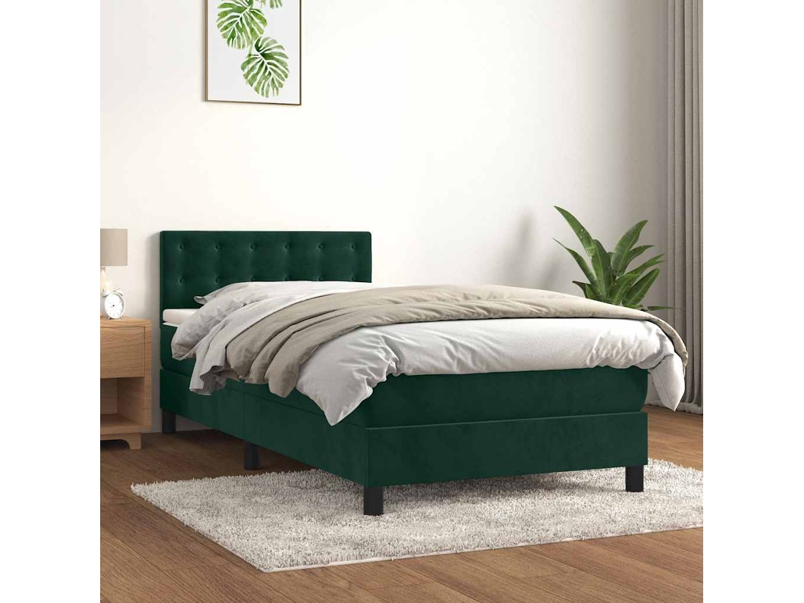 Vidaxl Cama Box Spring C/ Colchão/led 90x200 Cm Veludo Verde escuro