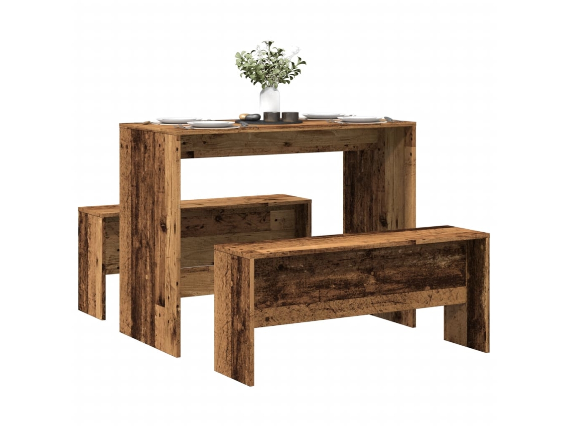 Vidaxl 3 Pcs Conj. Mesa Jantar E Banco Deriv. De Madeira Madeira Velha