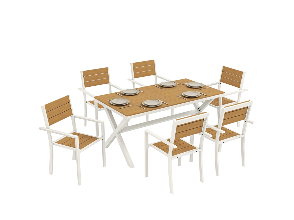 Conjunto de Jantar Externo S/MARCA, 7 peças, cadeiras empilháveis, mesa, alumínio, teca