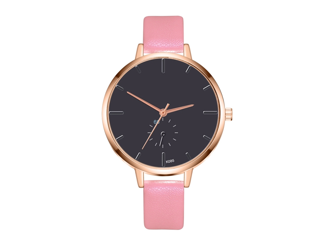 Relógio de Pulso Feminino de Moda com Pulseira de Pu Dial Redondo Quartz para Negócios (rosa)