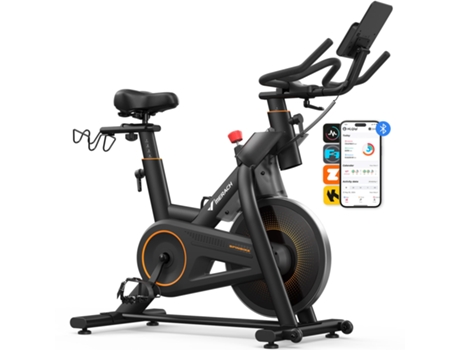 Bicicleta ergométrica magnética, volante de 10 kg, 16 níveis, guidão/assento ajustável, Bluetooth, suporte duplo para garrafas, suporte para halteres