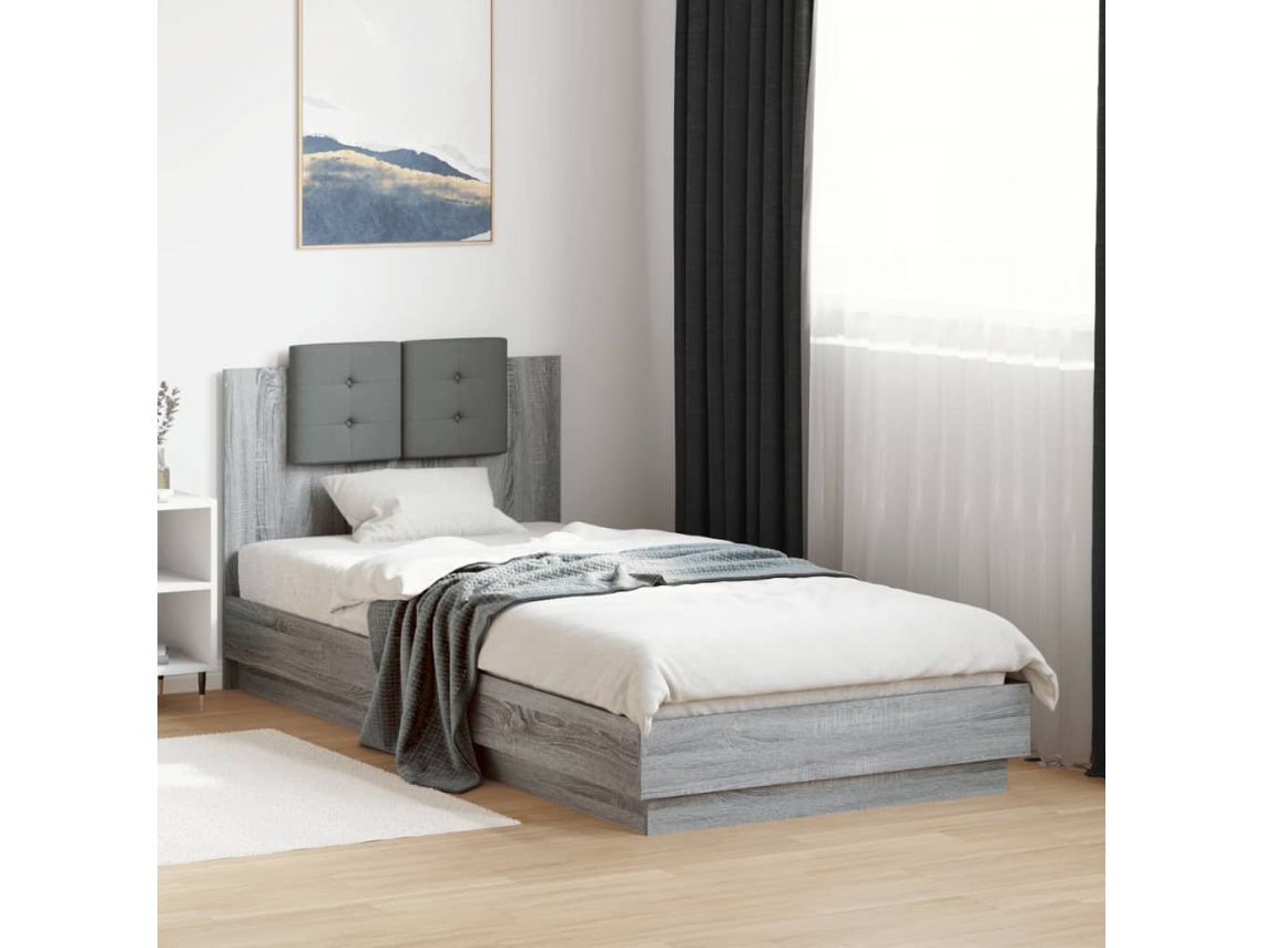 Vidaxl Estrutura De Cama C/ Cabeceira/luzes Led 90x200 Cm Cinza Sonoma