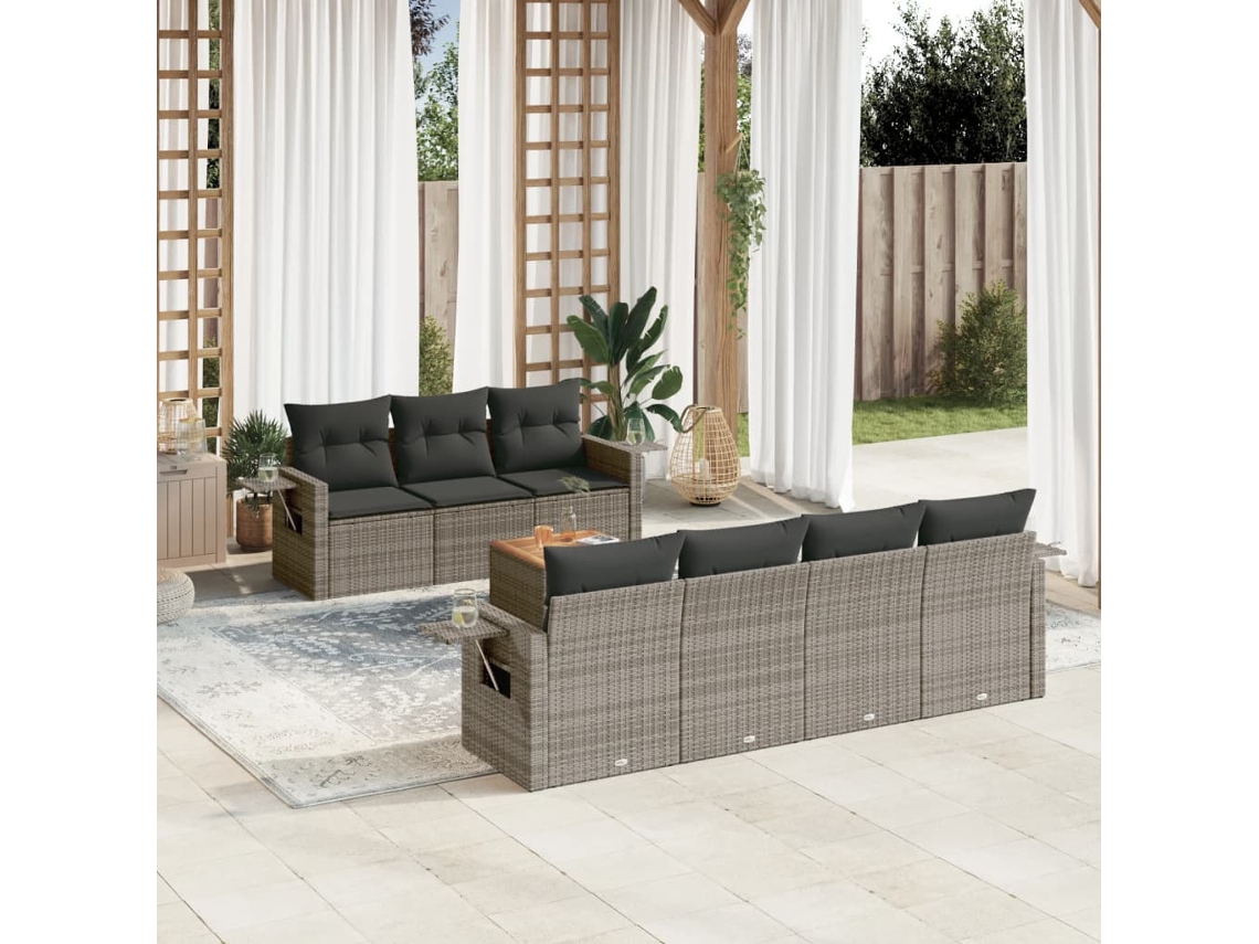 Vidaxl 8 Pcs Conjunto Sofás De Jardim C/ Almofadões Vime Pe Cinzento