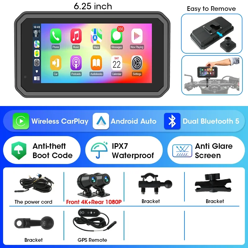 (dvr-gps) Câmera Veicular Para Motocicleta De 5 A 6,25 Polegadas, 4k+1080p À Prova D'água