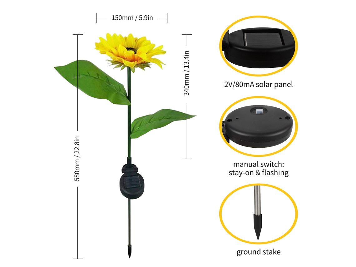 Rebe-2 Pack Lâmpadas De Jardim Solares Led Girassol Ip44 Para Exterior, Iluminação Paisagística Decorativa Para Caminhos E Pátio