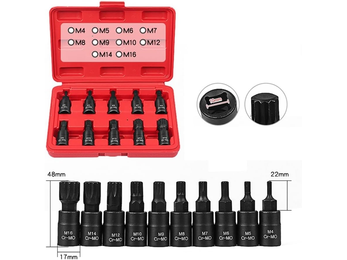 Kit De 10 Chaves 12 Pontas, Encaixe Quadrado Universal 3/8" M16