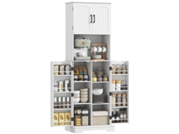 Armário De Cozinha Alto, 4 Portas, Bancada, 8 Porta-temperos, Prateleiras Ajustáveis, 60x40x181,5cm, Branco, Com Estrutura Resistente E Durável,