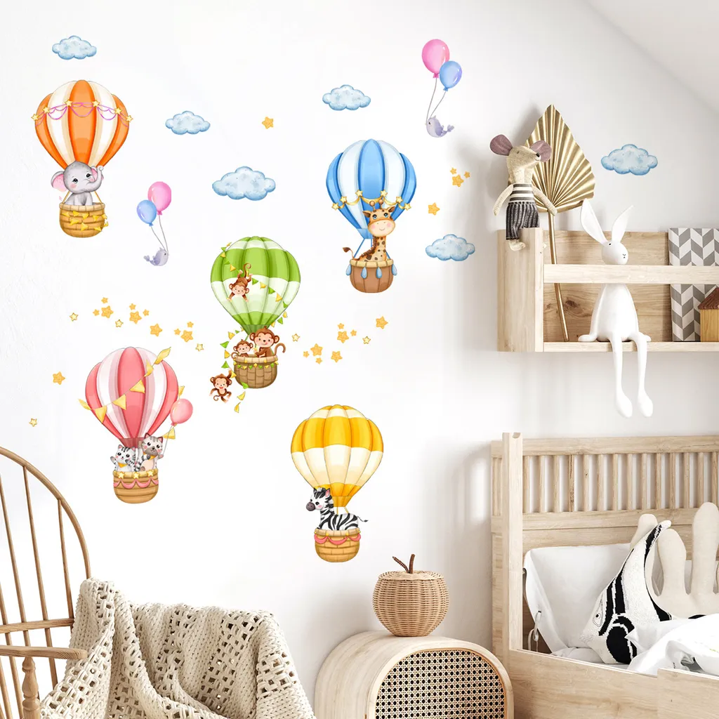 Tabela De Altura De Balão De Ar Quente Com Animais Autocolante Para Parede Decoração Sala Quarto Quarto De Criança