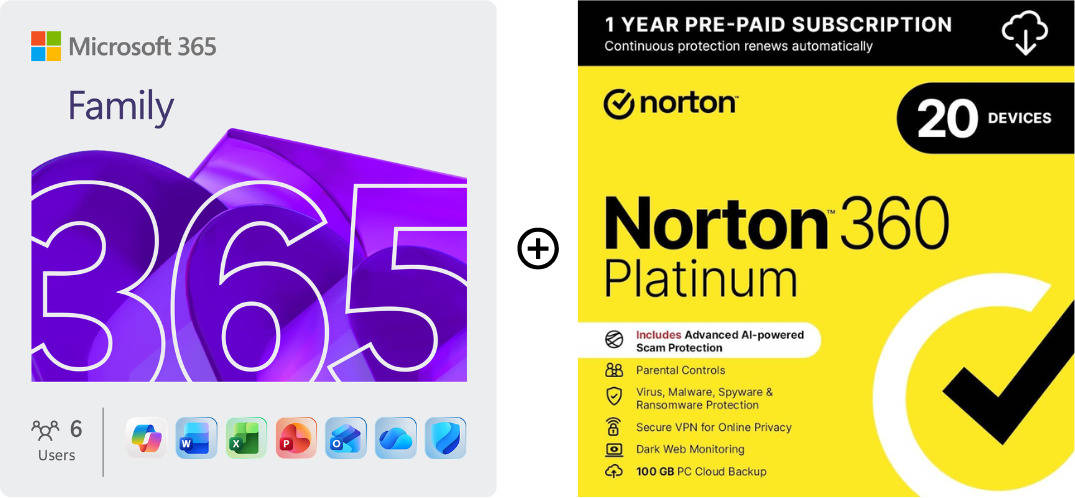 Bundle Software MICROSOFT 365 Familiar + NORTON 360 Platinum (PC, Mac, Tablet e Smartphone - 12 Meses - Formato Digital)