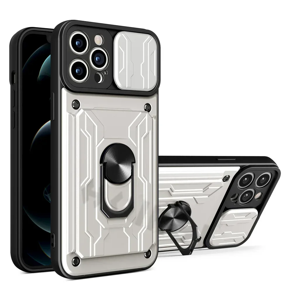 (branco, Iphone 12 Pro) Capa Com Anel Magnético 360°, Porta-cartão E Tampa Deslizante Para Câmera