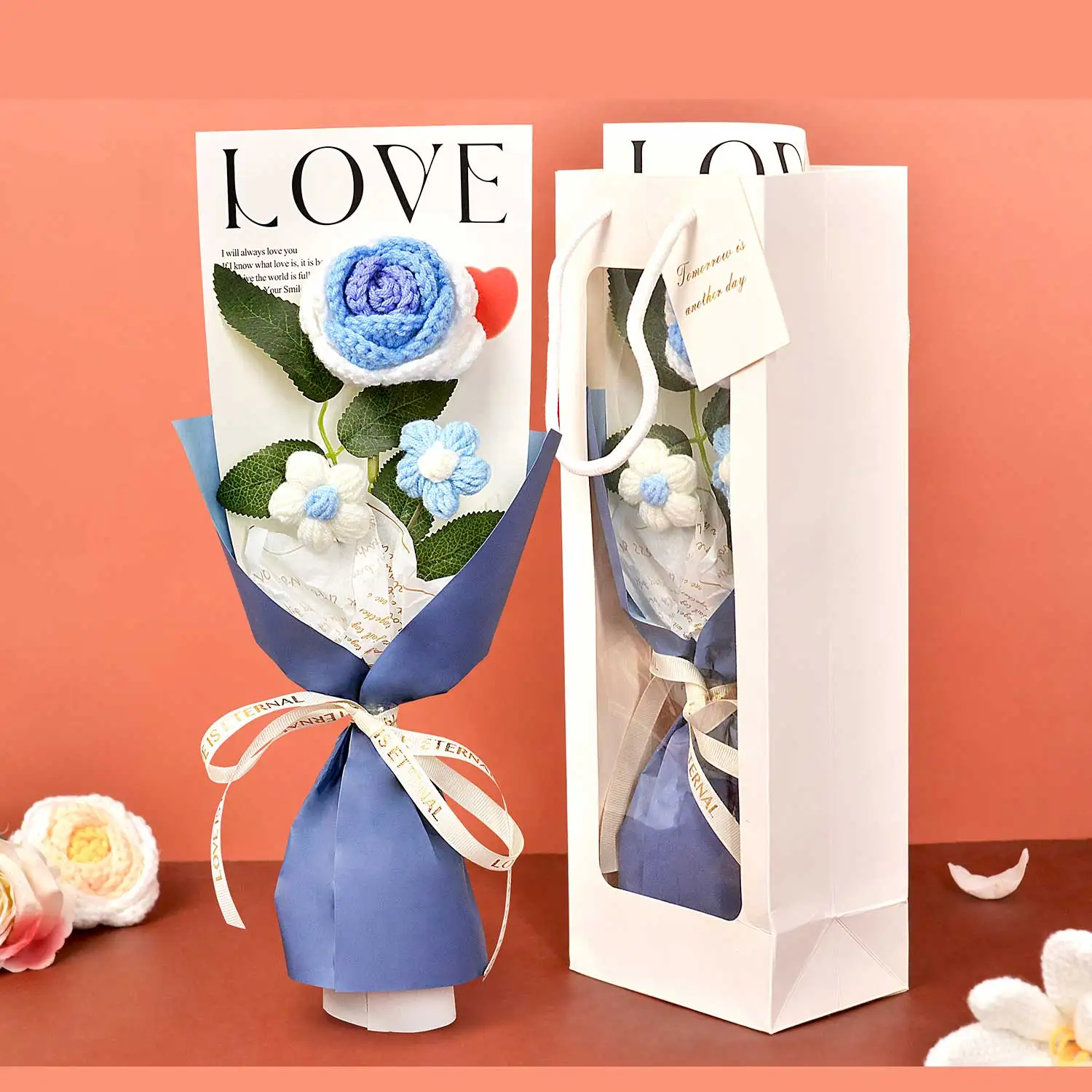 (azul) Buquê De Rosas Feito À Mão, Buquê De Crochê, Presente Perfeito