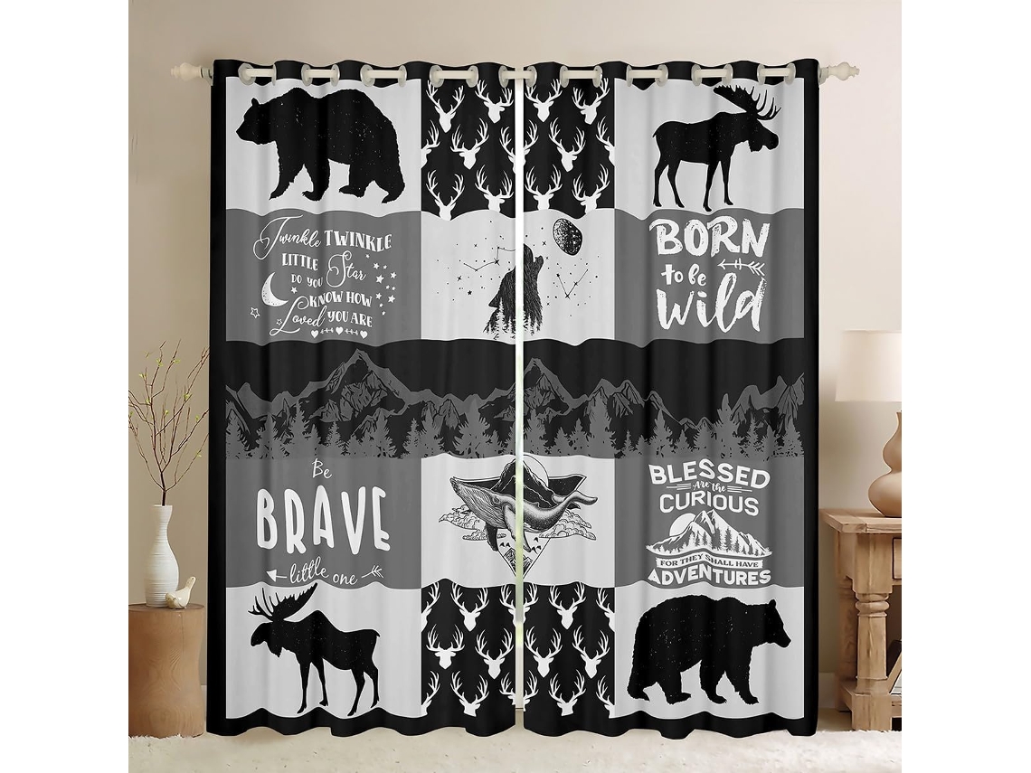 Cortinas Para Janela Com Silhueta De Chifres Veado, Cortinas Para Janela Com Tema De Acampamento, Cortinas De Aventura